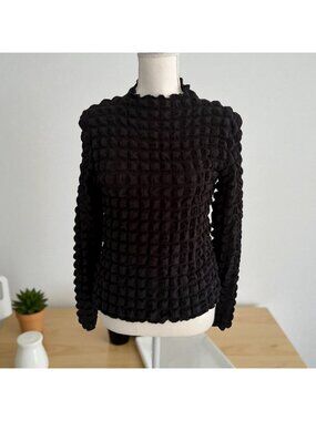 ELODIE Black Waffle Long Sleeve Top Size Large